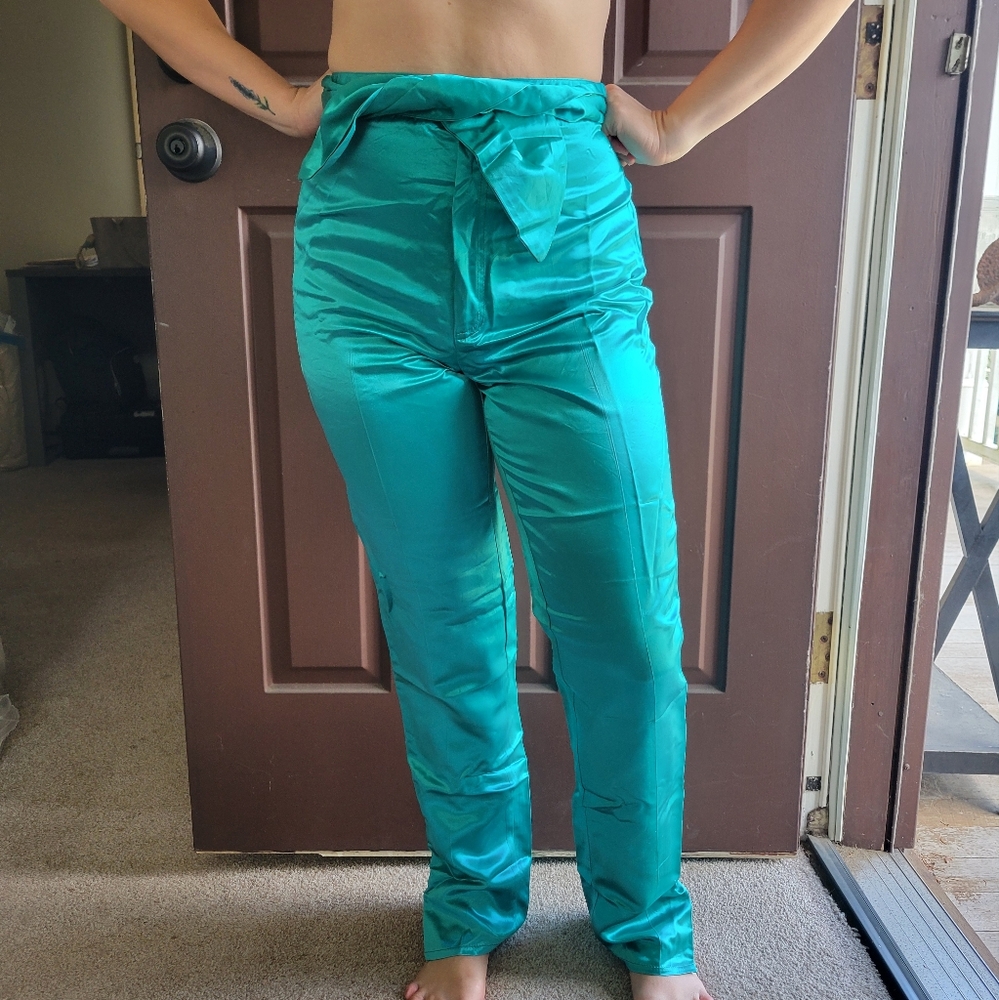 Teal Satin High Waisted Pants